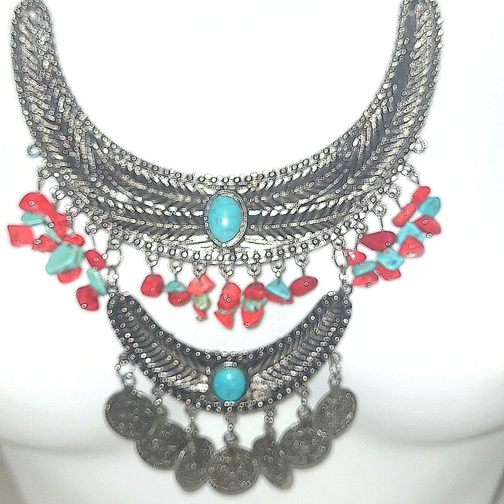18" Bib Necklace turquoise blue Cabachon red Nugget bead silver coins Statement